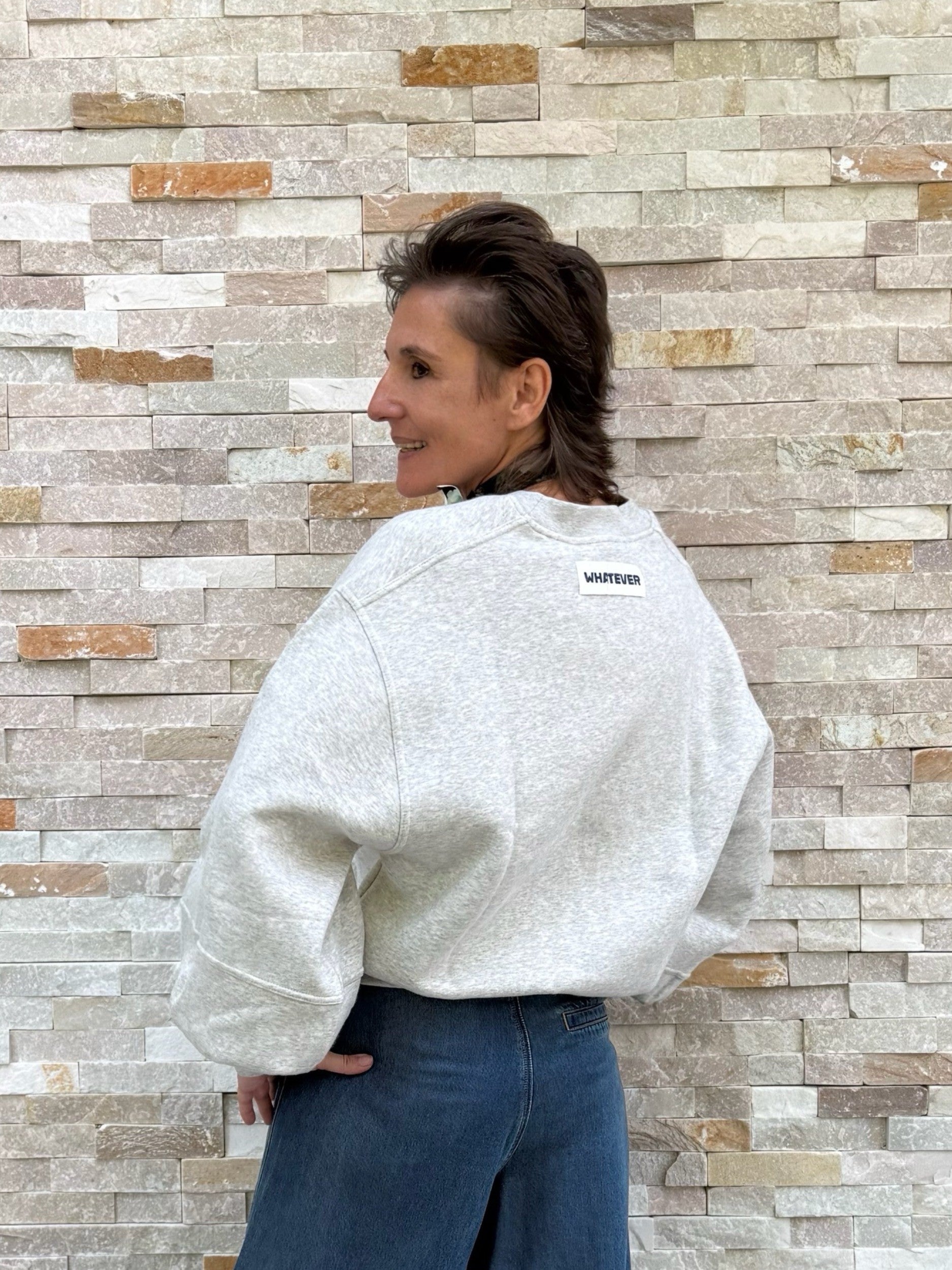 Cropped Sweatshirt with Barrel Sleeves in Light Grey