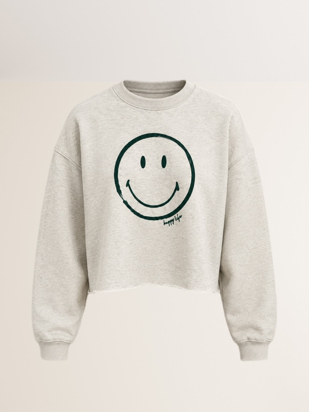 Cropped Sweatshirt Smiley in Silver Melange mit Pine