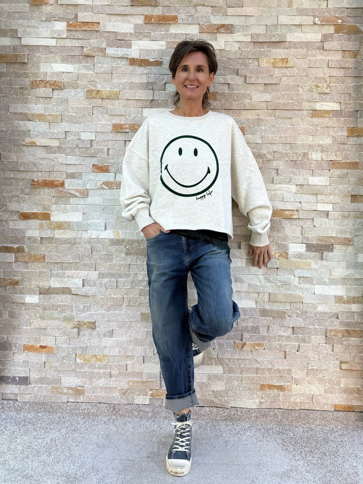 Cropped Sweatshirt Smiley in Silver Melange mit Pine