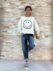 Cropped Sweatshirt Smiley in Silver Melange mit Pine