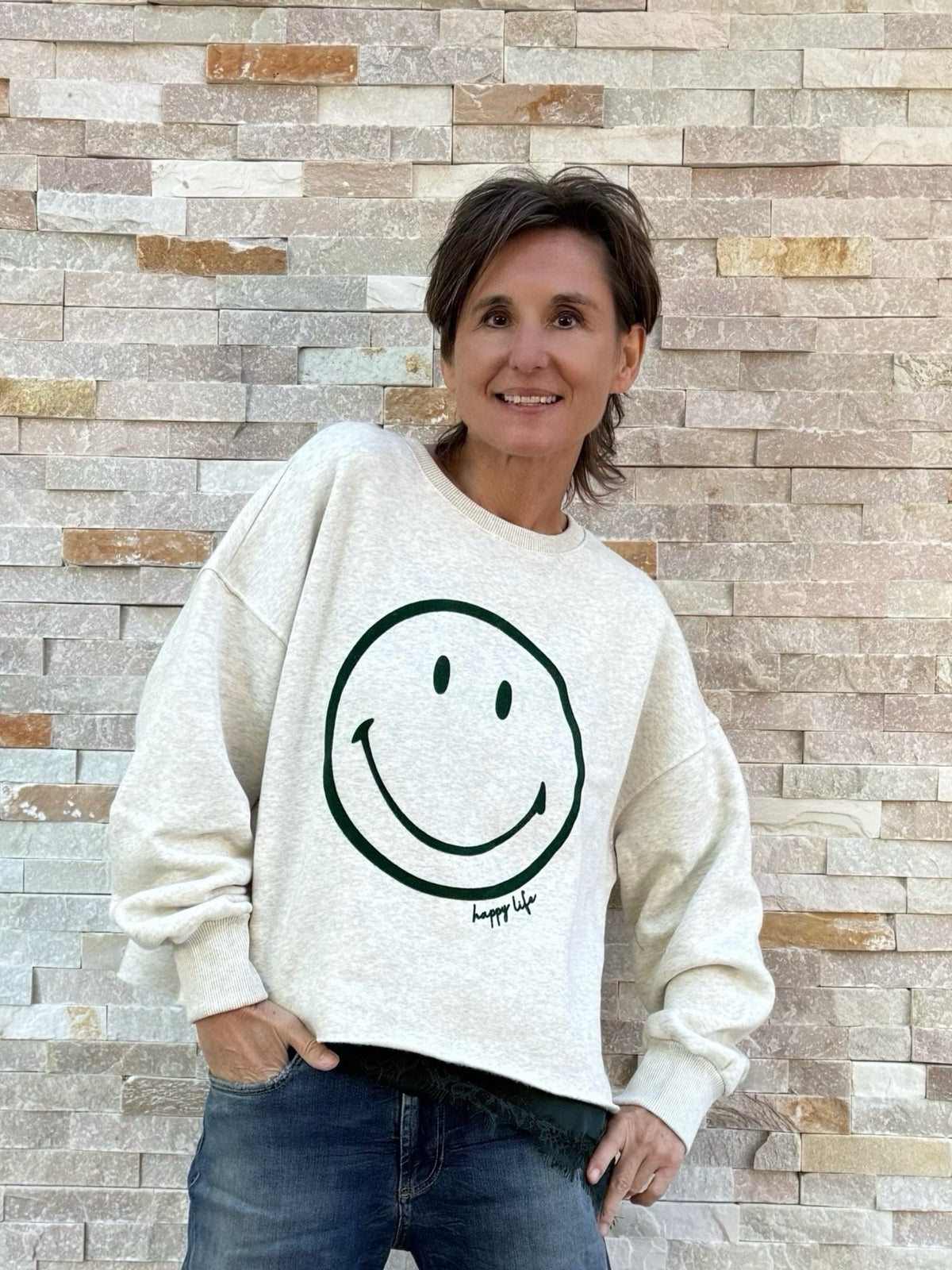 Cropped Sweatshirt Smiley in Silver Melange mit Pine