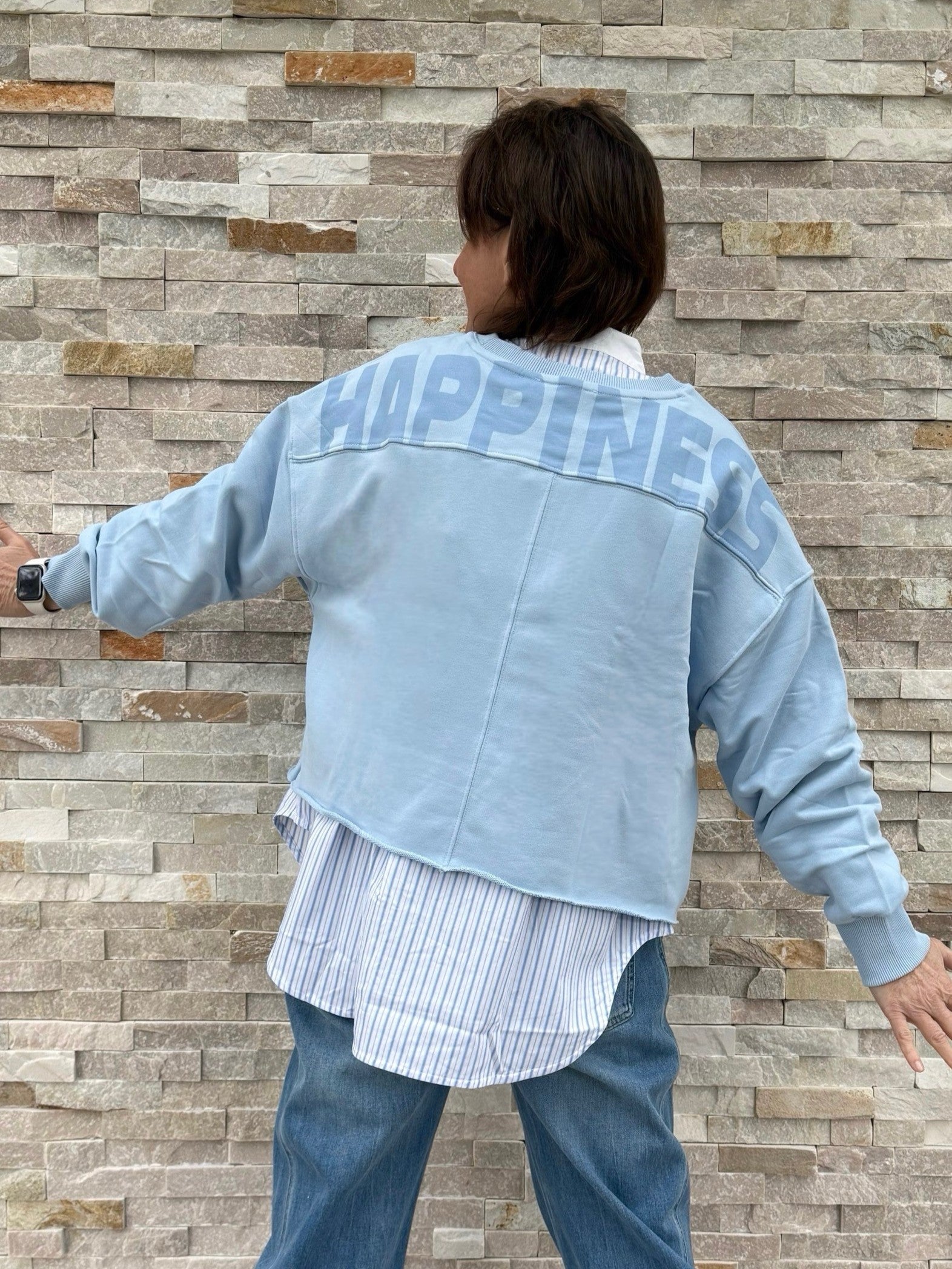 Cropped Sweatshirt HAPPINESS in Hellblau