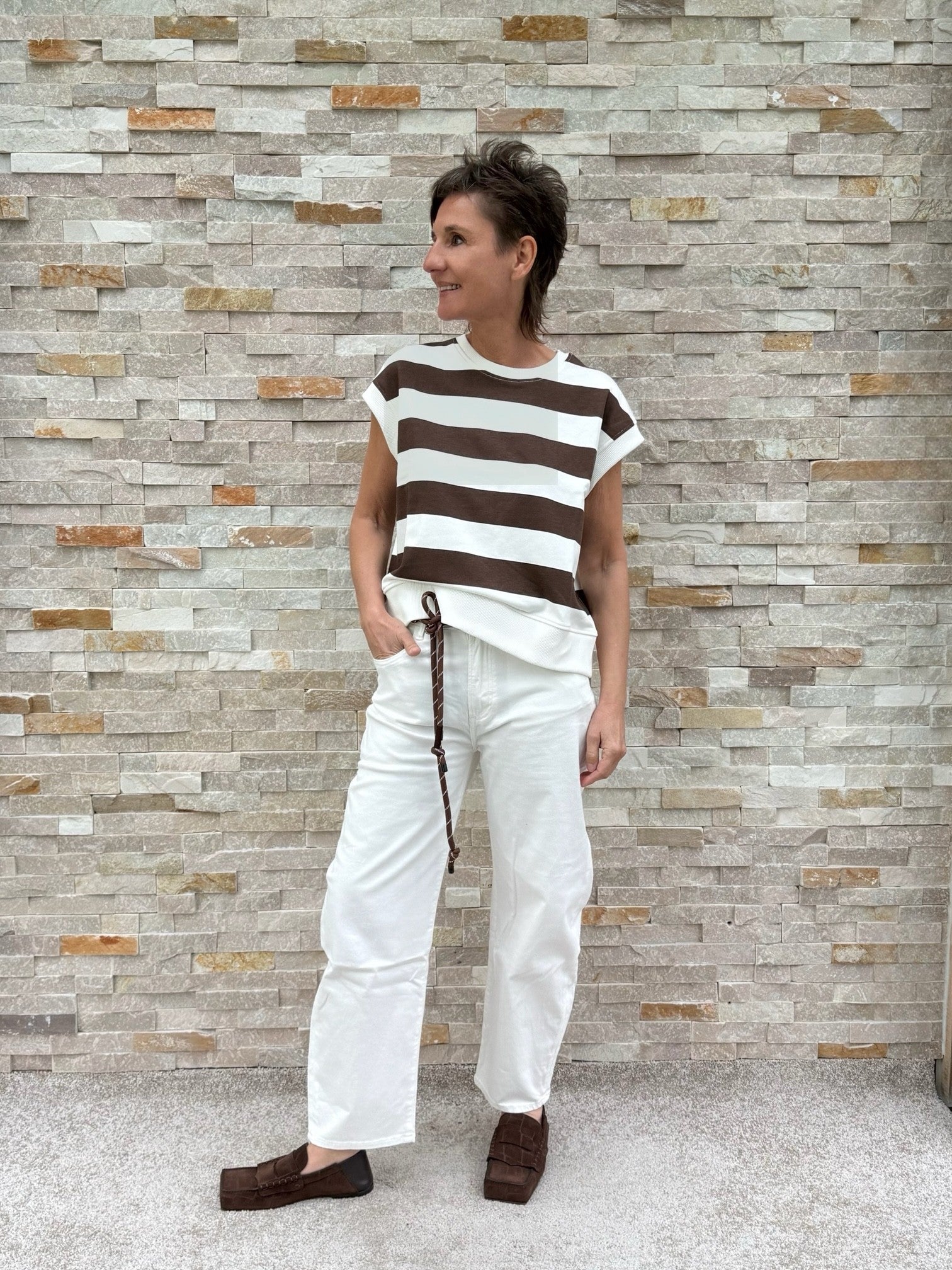 Shirt ohne Ärmel mit Blockstreifen in Ecru - Espresso