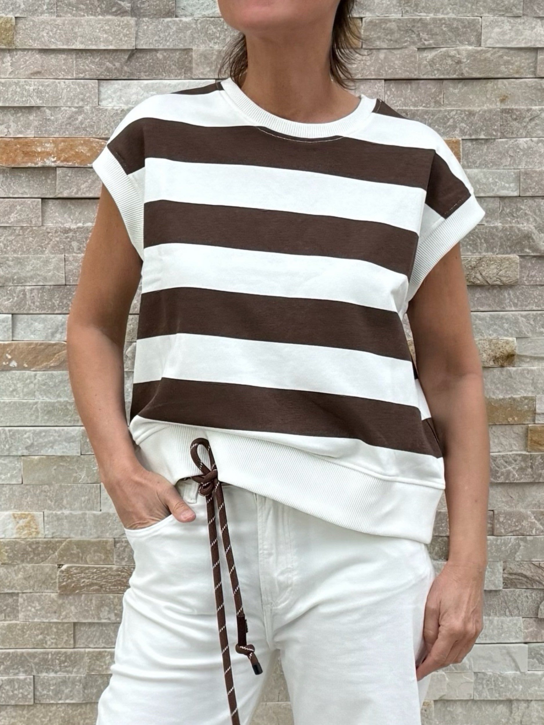 Shirt ohne Ärmel mit Blockstreifen in Ecru - Espresso