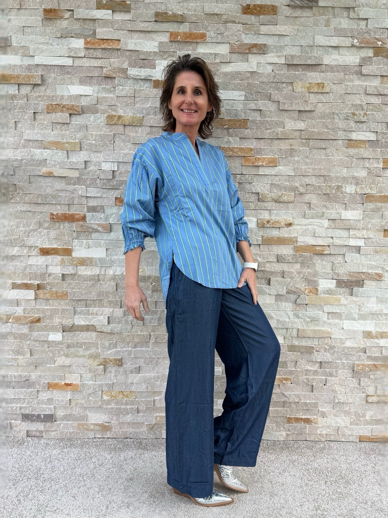 Streifen Tunika / Bluse in Blau-Grün