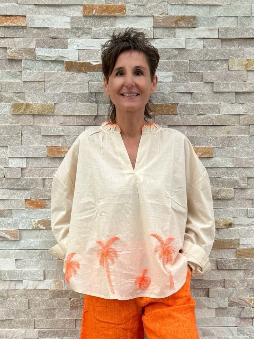 Tunika mit Palmen Stickerei in Sand mit Orange