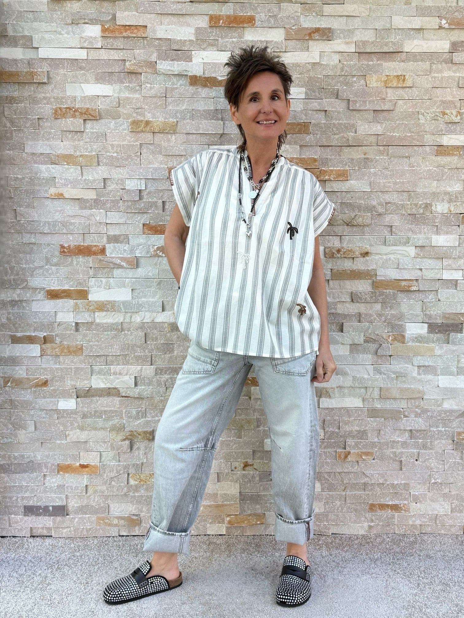 Streifen Tunika ohne Ärmel mit Perlen-Palmen Ecru-Schwarz