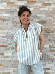 Streifen Tunika ohne Ärmel mit Perlen-Palmen Ecru-Schwarz