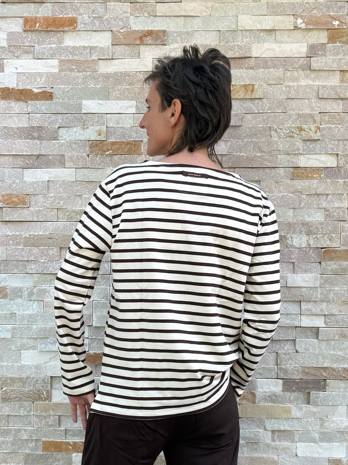Streifen T-Shirt mit Langarm in Ecru - Dunkelbraun