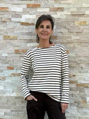 Streifen T-Shirt mit Langarm in Ecru - Dunkelbraun