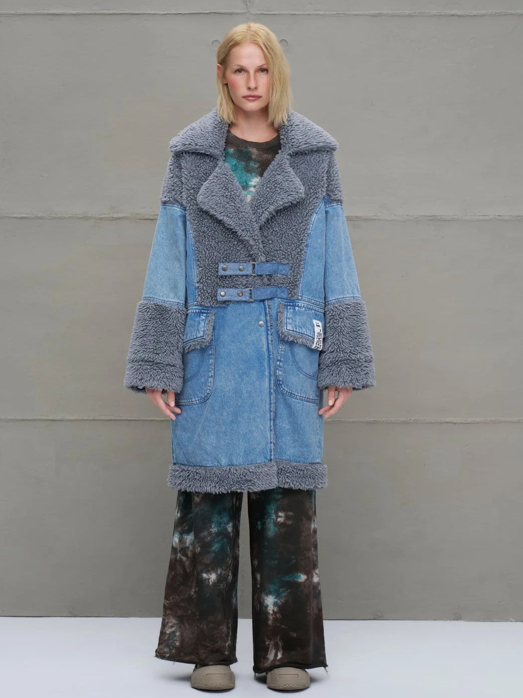 Oversized Jeans Mantel mit Kunstpelz Blue-Grau