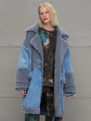 Oversized Jeans Mantel mit Kunstpelz Blue-Grau