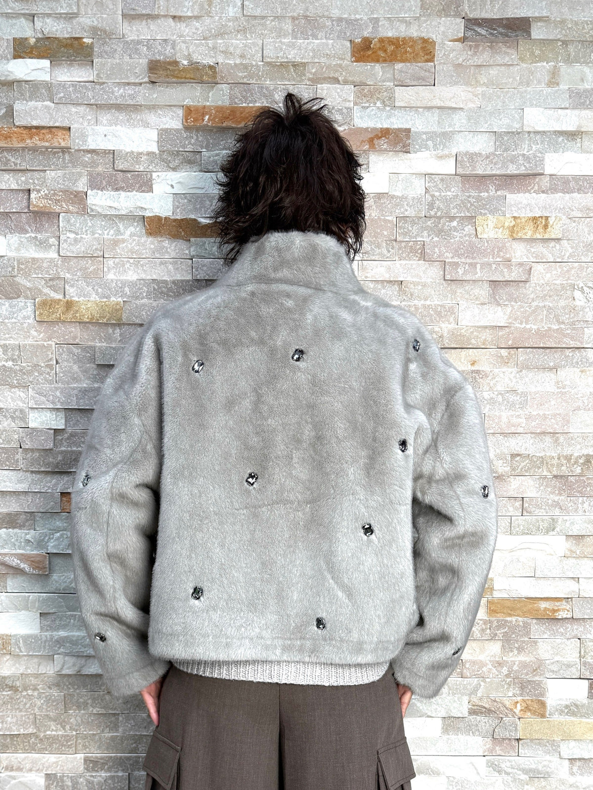 Faux Fur Jacket with Jewel Embellishments in PEARL
