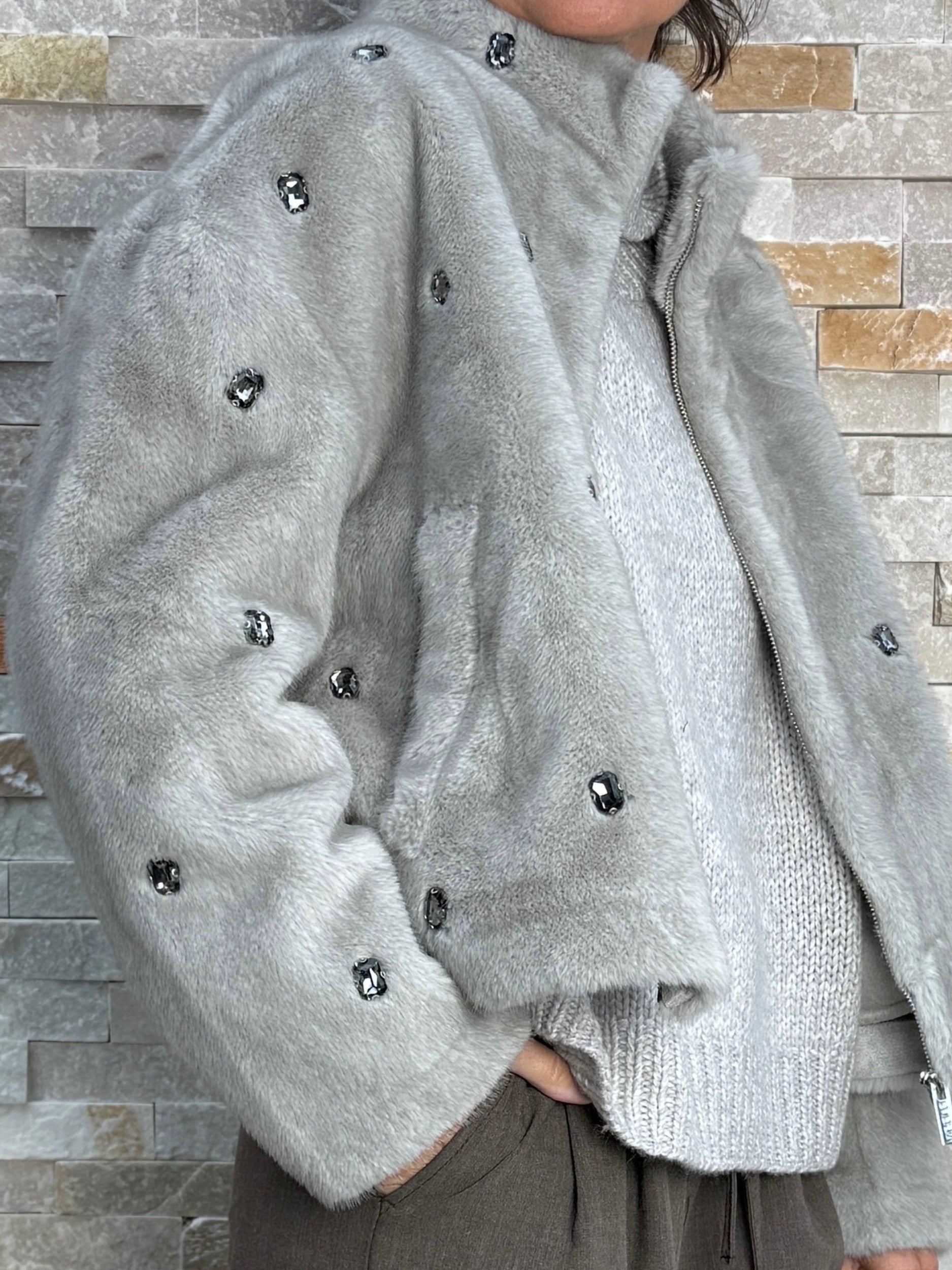 Faux Fur Jacket with Jewel Embellishments in PEARL