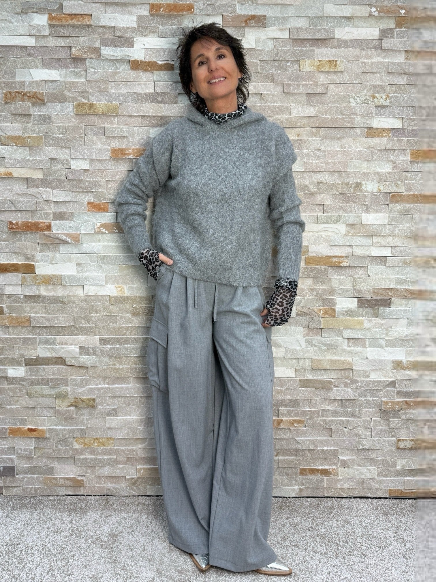 Strick Hoodie aus Alpaka-Mix in Grau Melange