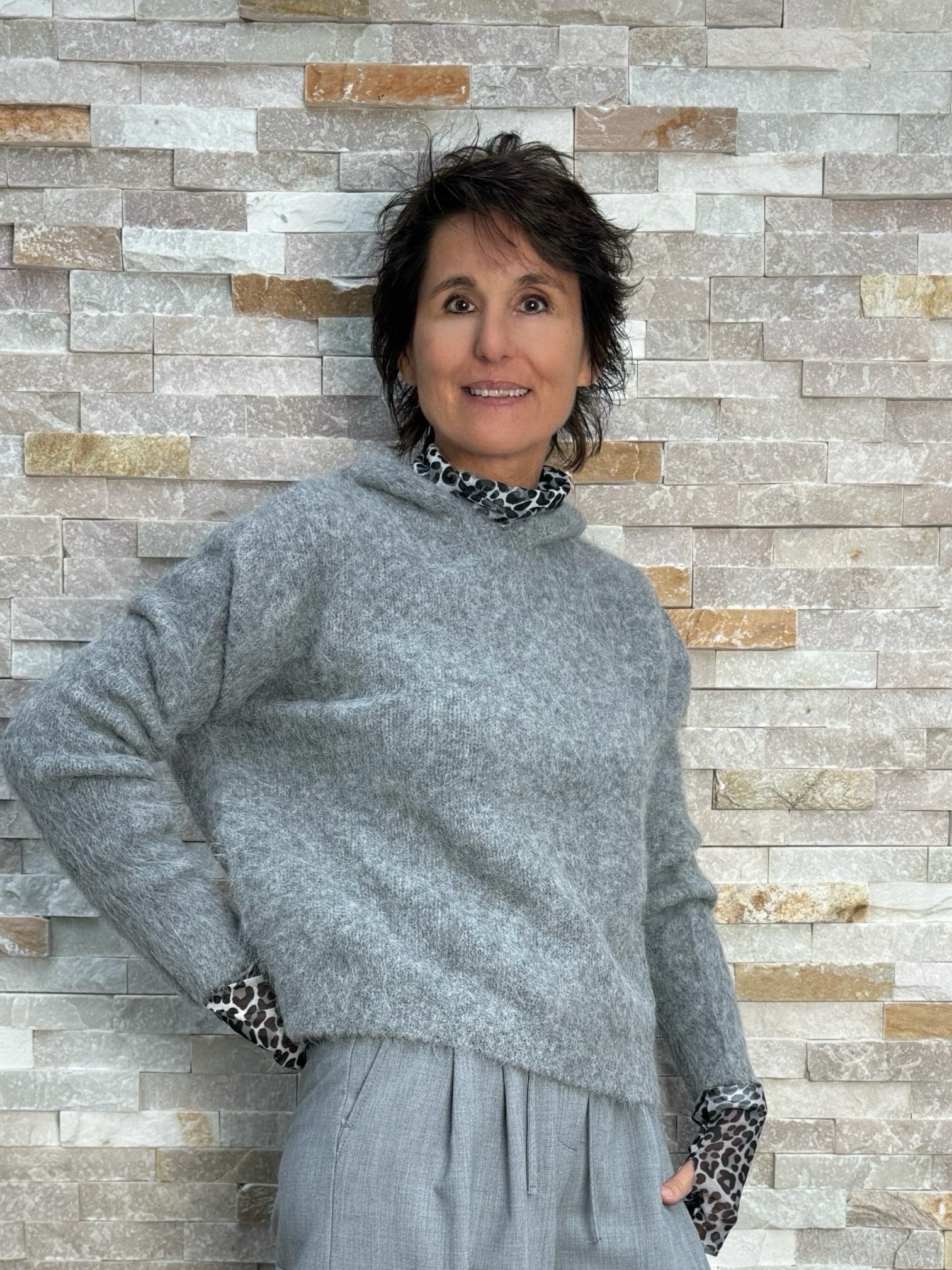 Strick Hoodie aus Alpaka-Mix in Grau Melange