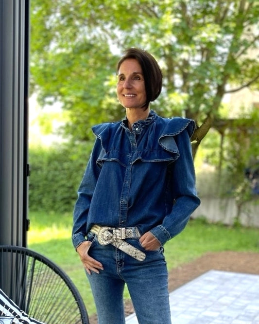 Jeans Bluse mit Volant und Rüschen in Denim Blue