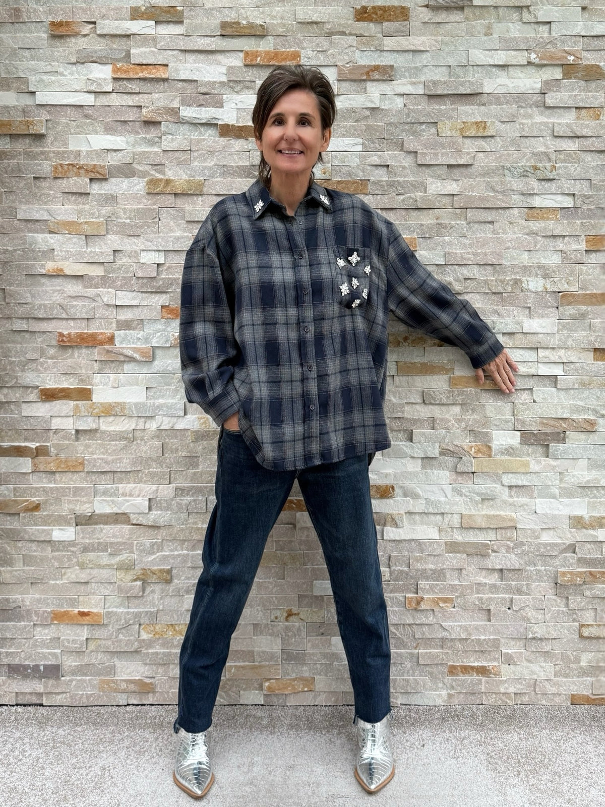 Karo Hemd mit Schmuckstein-Applikation Blau-Grau