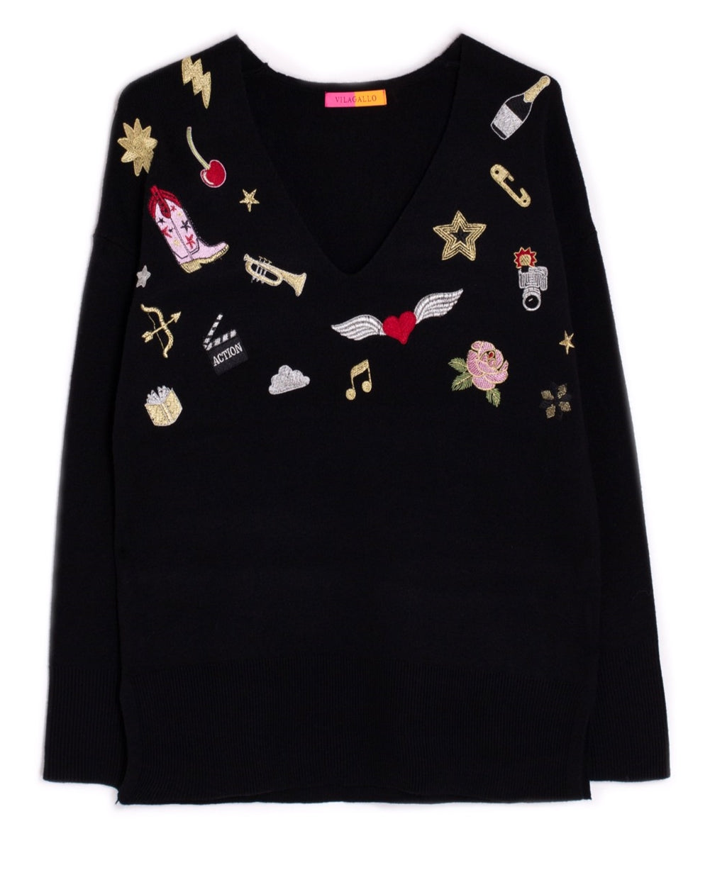 V-Pullover mit Applikationen Schwarz
