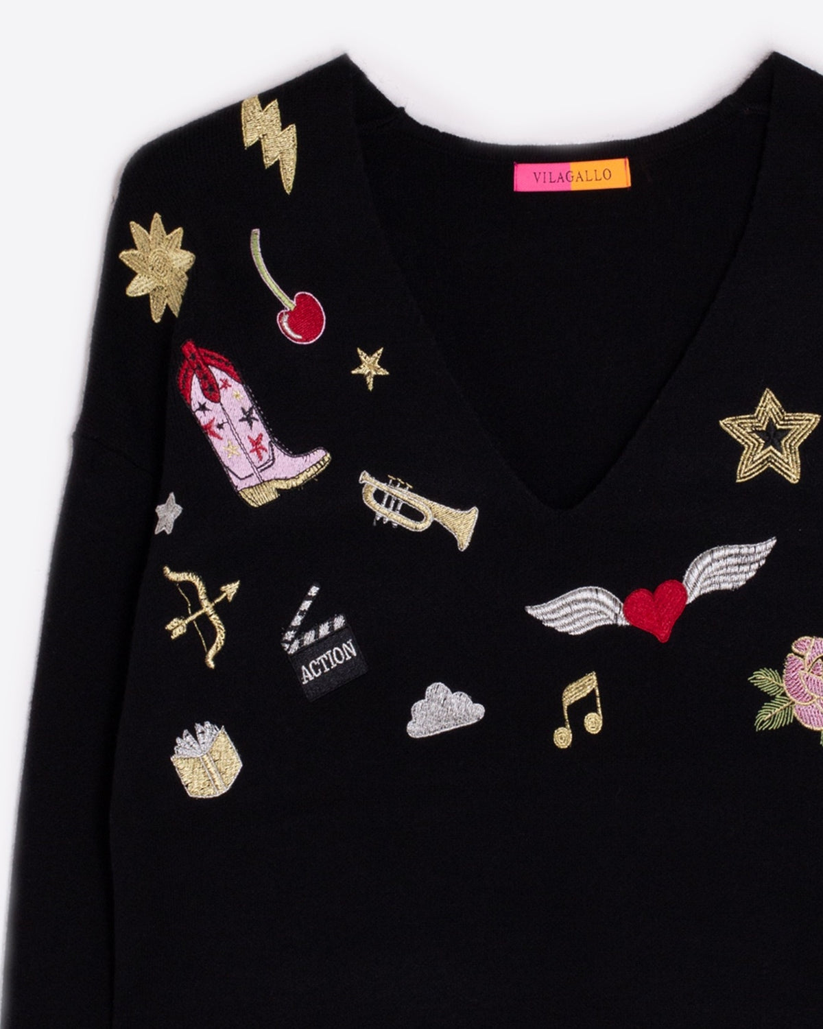 V-Pullover mit Applikationen Schwarz