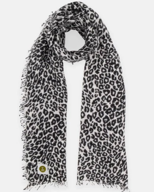 Cashmere Schal Leo Print auf Hellgrau-Schwarz