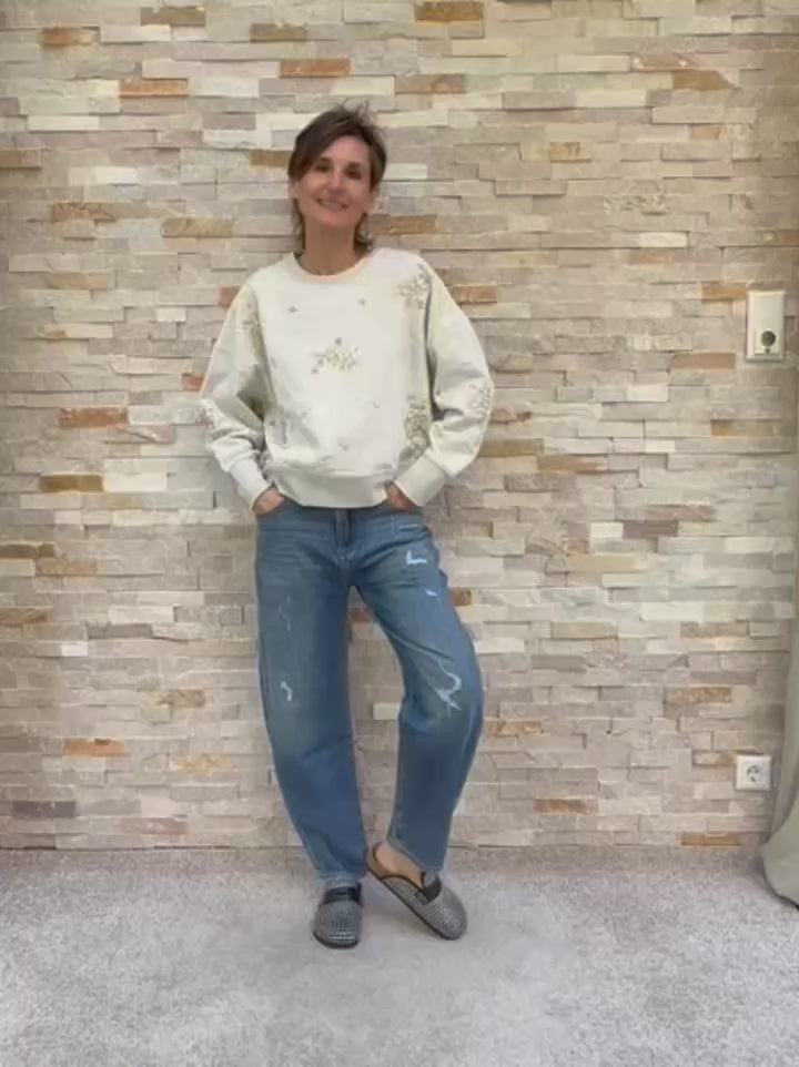 Video laden: Sweatshirt mit Perlen- und Paillettenstickerei Light Beige Melange