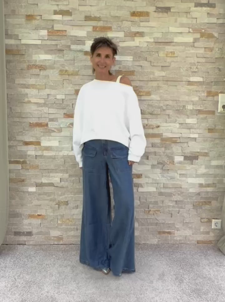 Video laden: Wide Leg Jeans TRIS mit aufgesetzten Taschen in whale bay blue