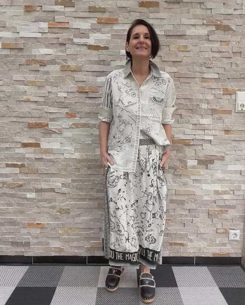 Load video: ISABEL linen blend shirt blouse with ZODIAC Ecru print
