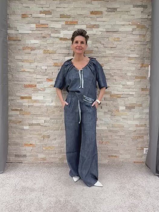 Video laden: Halbarm Bluse in Denim Optik Navy