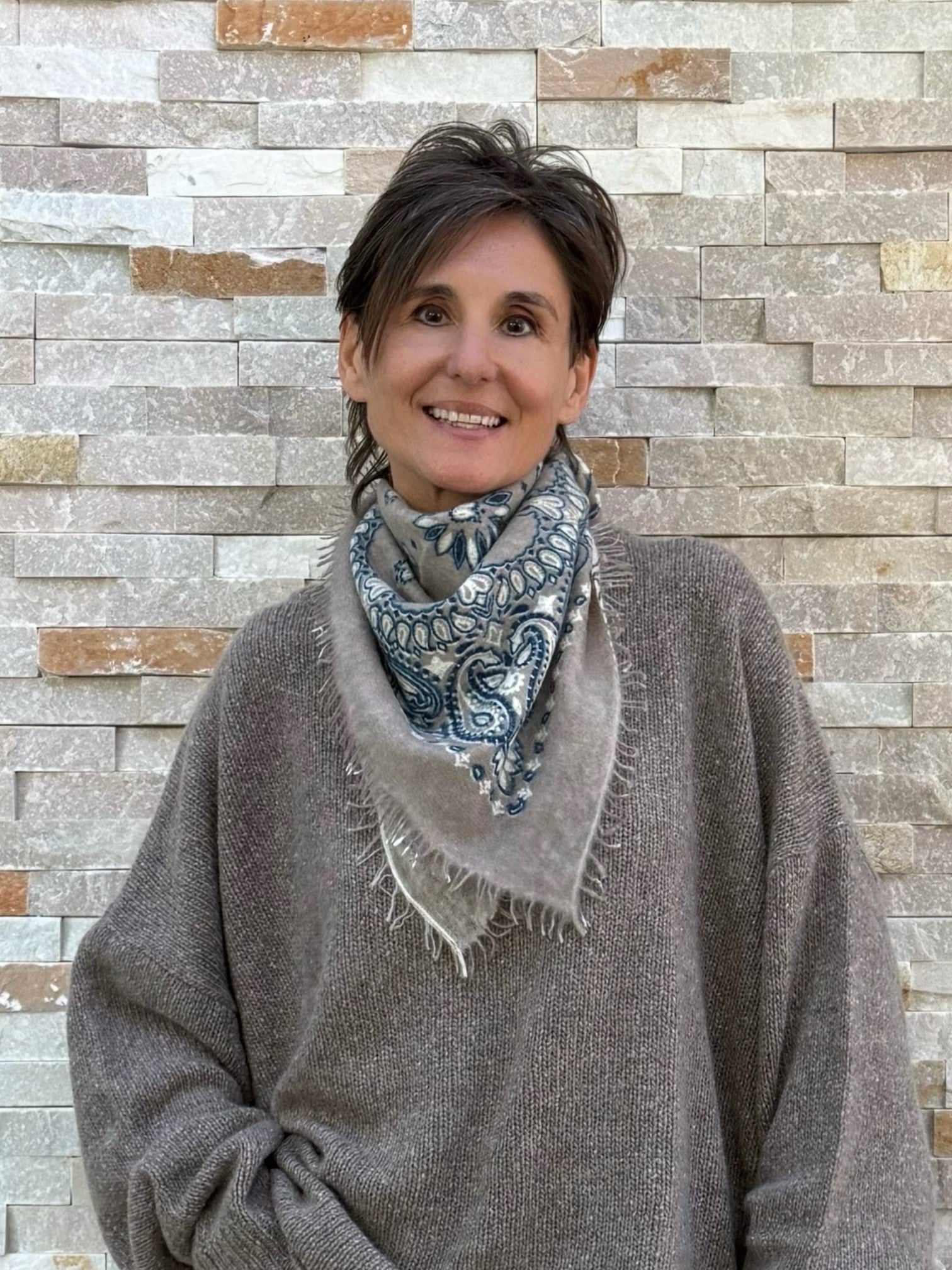 Bandana Paisley I mit Fransen in Taupe - blau