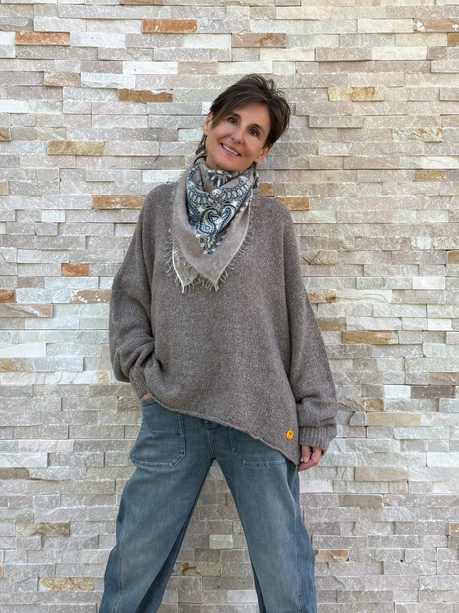 Bandana Paisley I mit Fransen in Taupe - blau