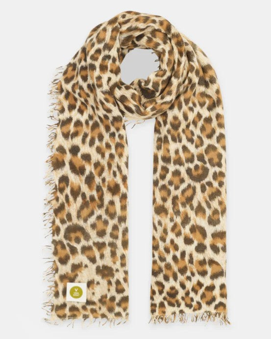 Cashmere scarf with large leopard print on beige-cognac-brown